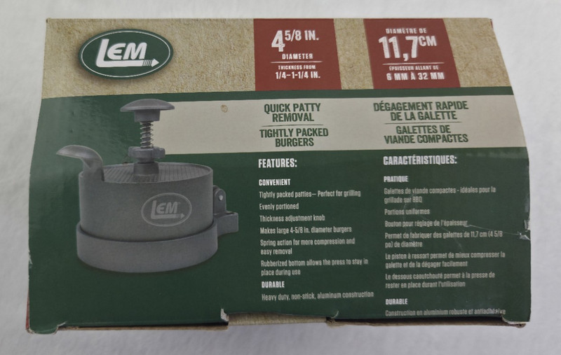 LEM Model# 1261 Spring Loaded Burger Press 4 5/8" Aluminum Patty Maker w/ Box gallery