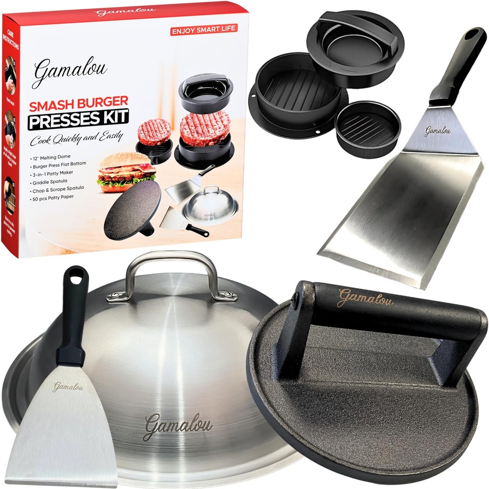 Smash Burger Press Kit with 7 in Grill 12 in Melting Dome & Accessories BBQ