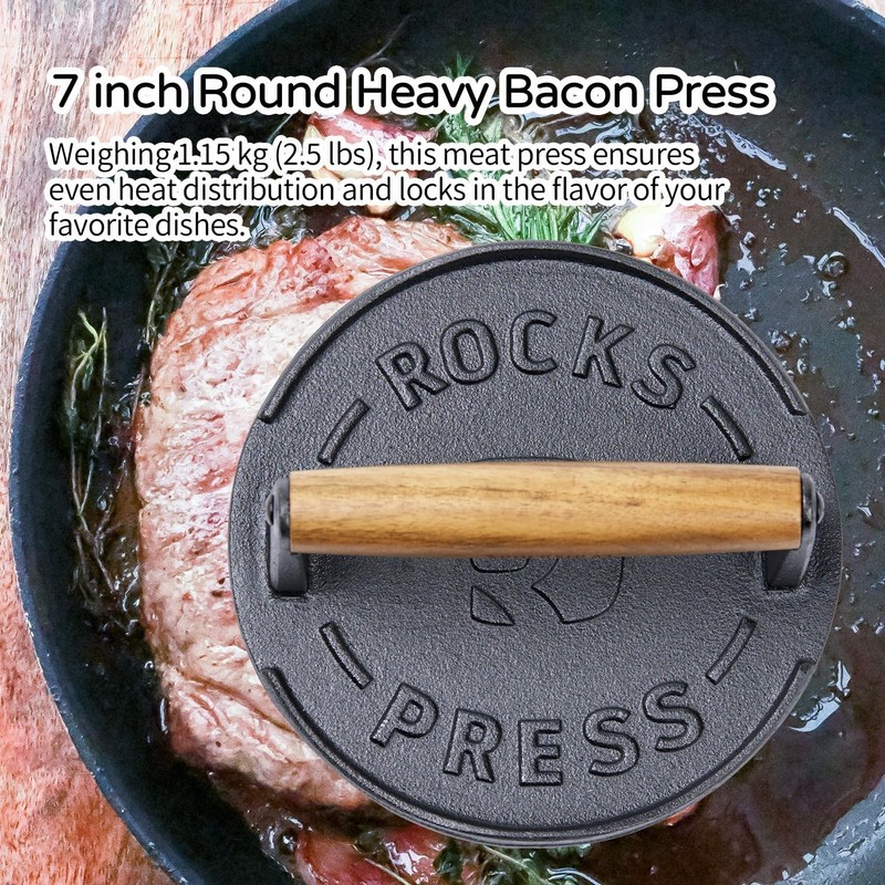 7 Inch Bacon Press Heavy Duty Cast Iron Grill Press 2.5 lbs Round Smash Burger gallery
