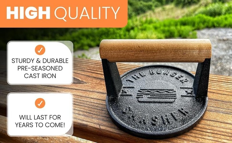 Pre Seasoned Heavy Duty Cast Iron Burger Press - Smash Burger Press Kit, Gril... gallery