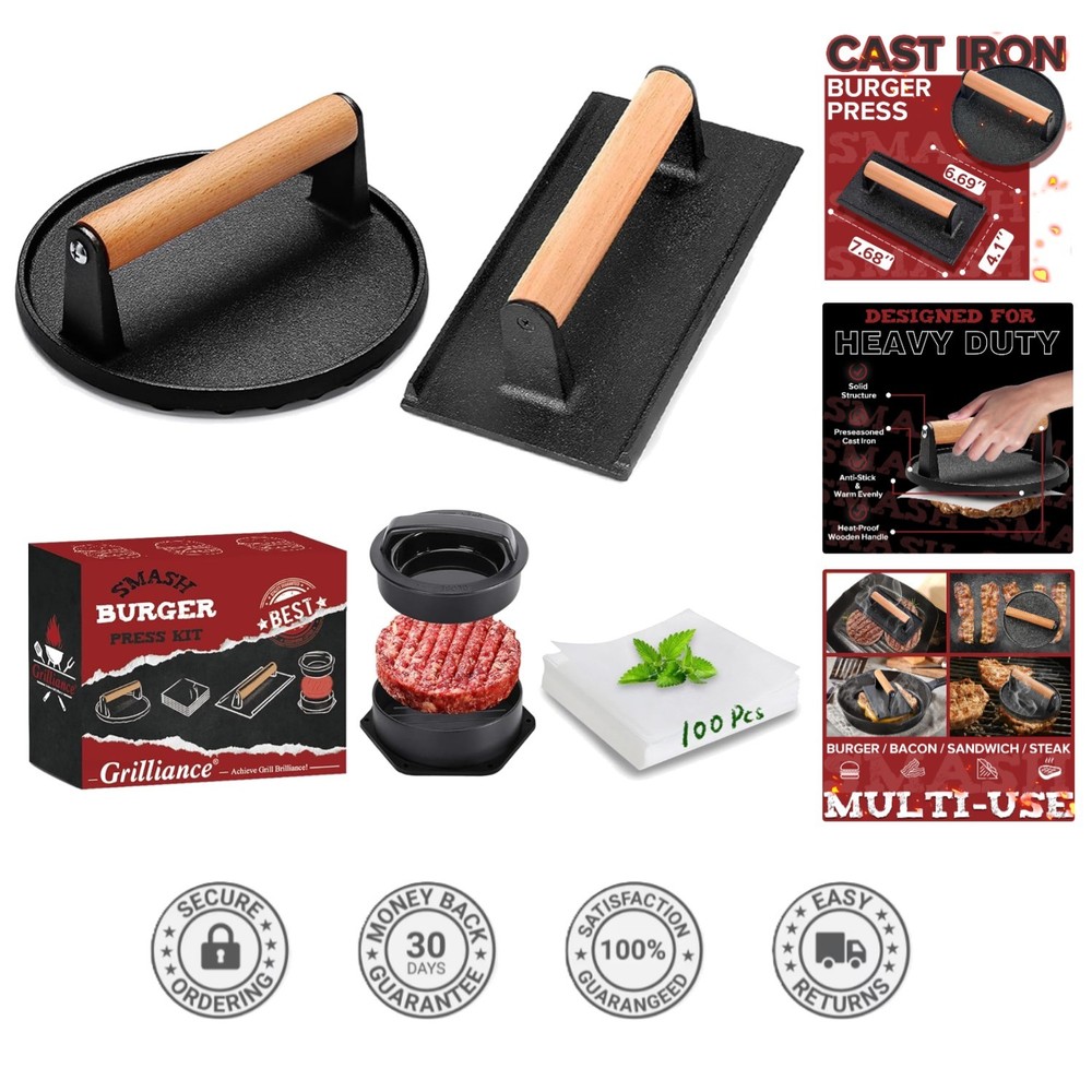 3 in 1 Cast Iron Smash Burger Press Kit with 100 Parchment Papers - Perfect f...