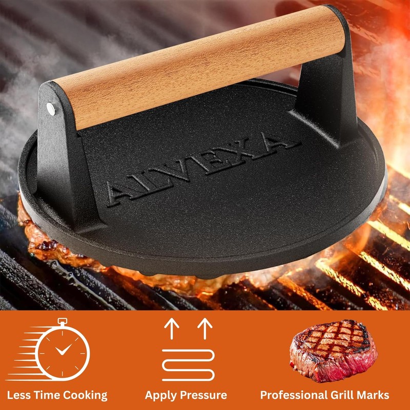 Alvexa™ Cast Iron Smash Burger Press Kit, 6.85" Heavy-Duty Round, Black gallery