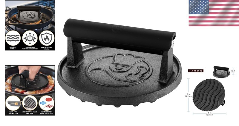 Compact 6" Cast Iron BBQ Smasher Tool - Achieve Flavors & Perfect Grilling Marks gallery