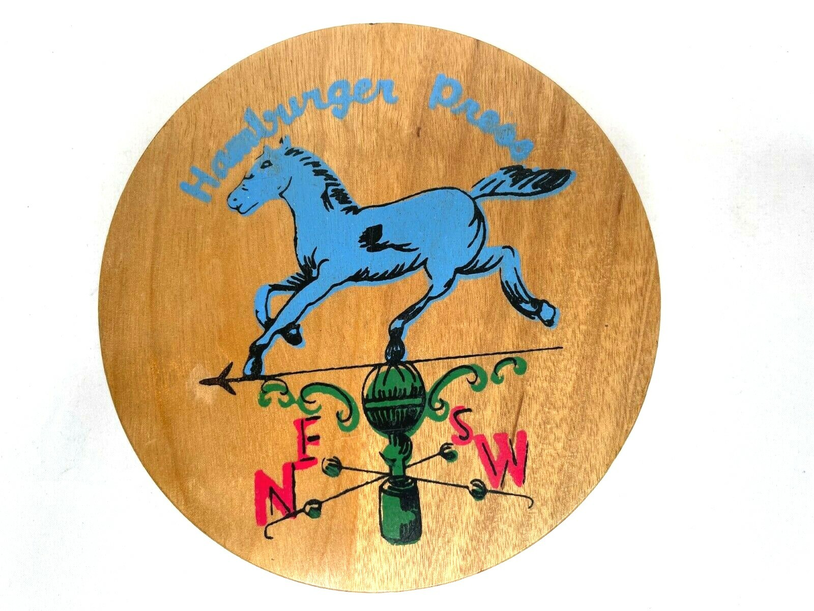 Vintage Wooden Hamburger Press Hand Painted Blue Horse Weather Vane Multi Color gallery