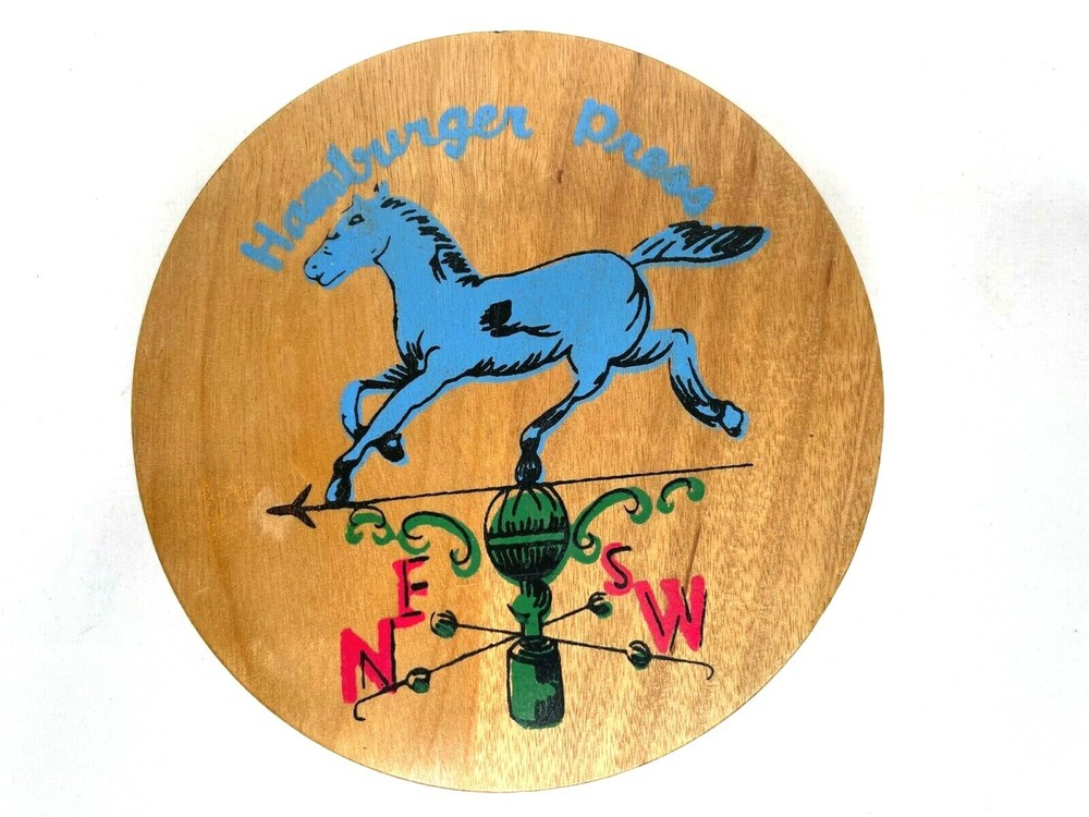 Vintage Wooden Hamburger Press Hand Painted Blue Horse Weather Vane Multi Color
