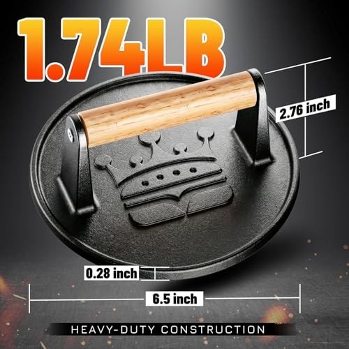 6.5” Cast Iron Burger Press - Flat Round Grill Meat Smasher with Wood Handle, No gallery