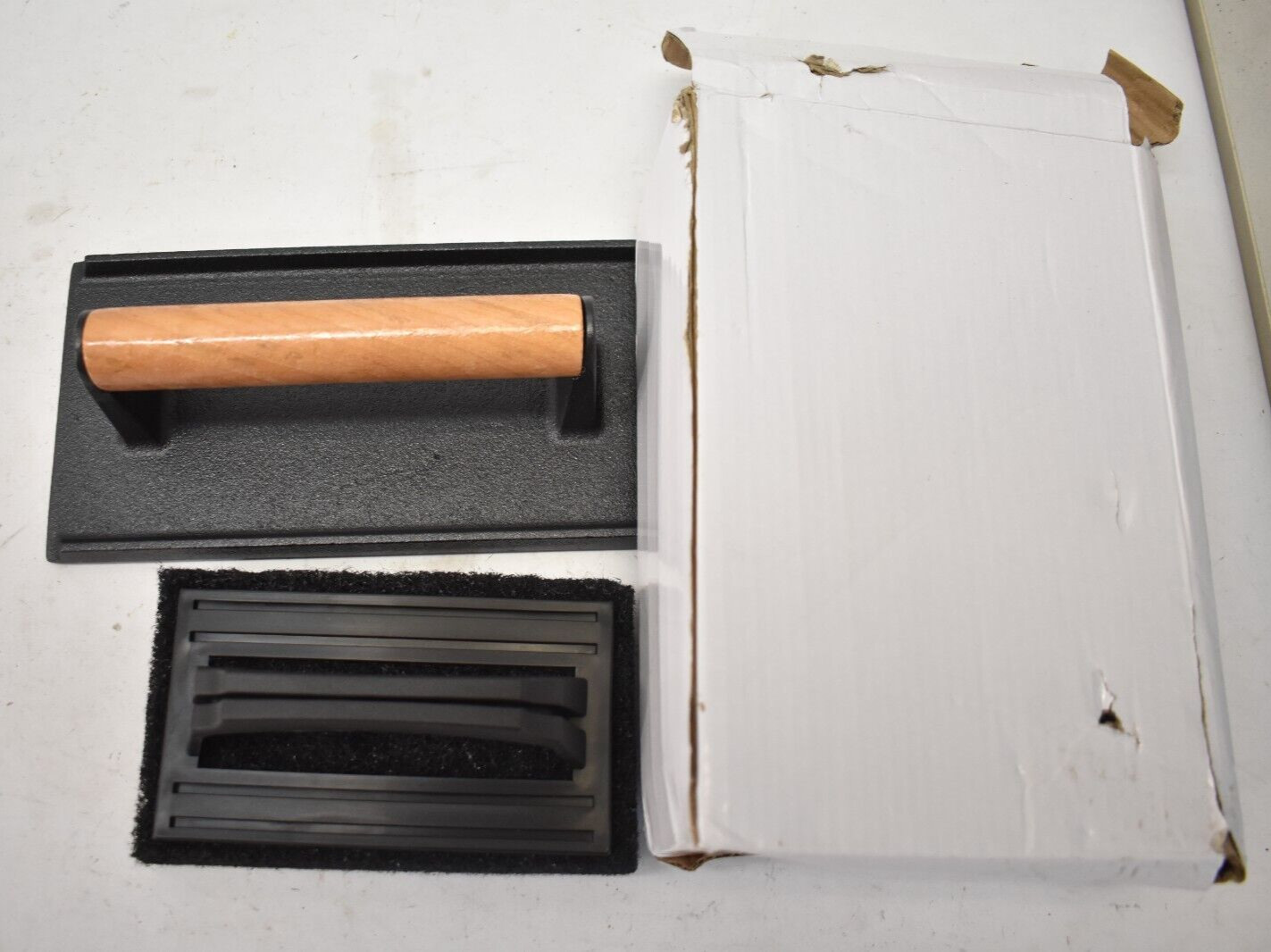 Cast Iron BBQ Hamburger Grill Press Meat Presser w Wooden Handle & Scratch Pad gallery