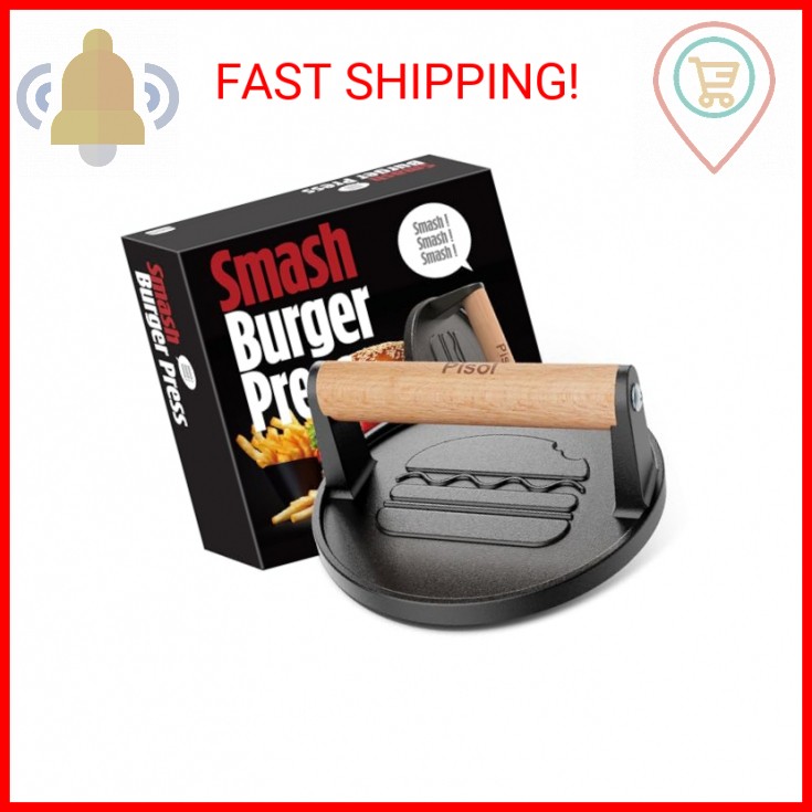 Pisol Smash Burger Press, Pre-Seasoned Cast Iron Hamburger Smasher, 2 lb Heavy-D gallery