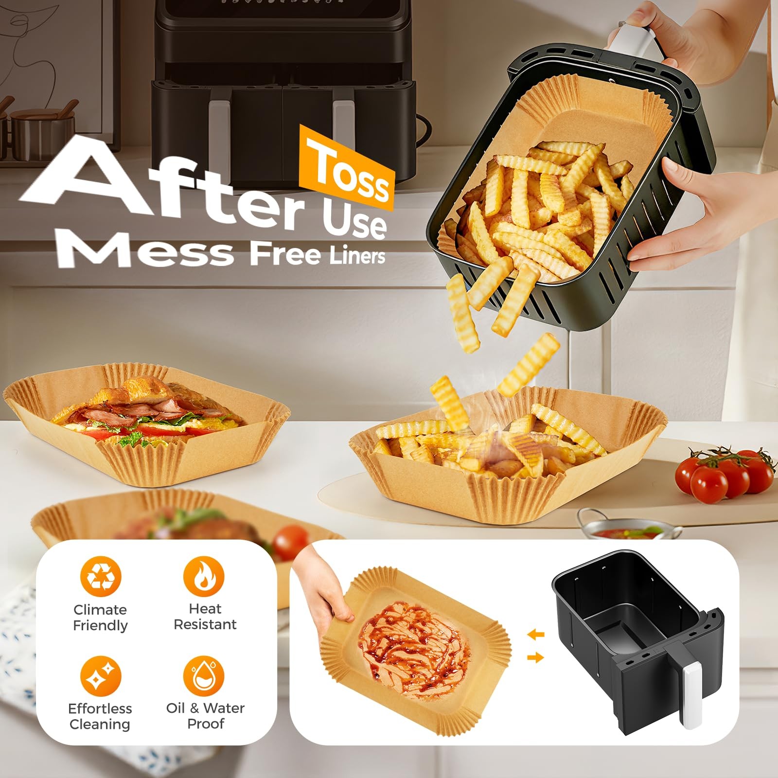 125Pcs Air Fryer Liners Disposable for Dual Basket, 8*5.5"Rectangle, Natural gallery
