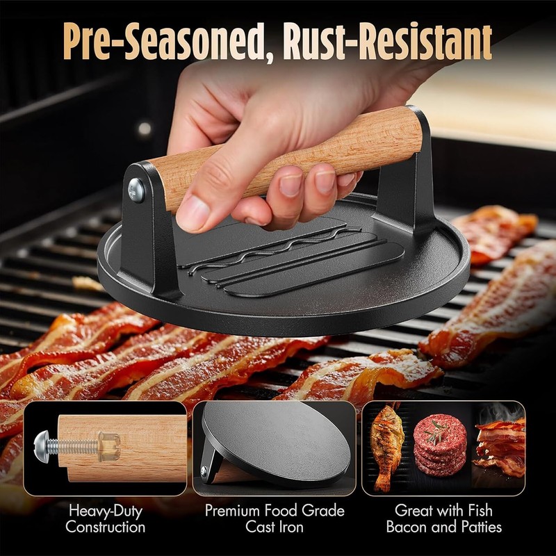 Smash Burger Press, Pre-Seasoned Cast Iron Hamburger Smasher, 2 Lb Heavy-Duty Gr gallery