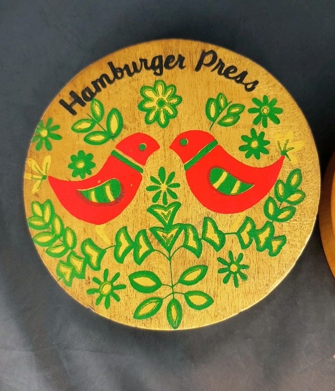 2 Vtg Primitive 50's Wooden Birds Roosters Hamburger Press 6" gallery