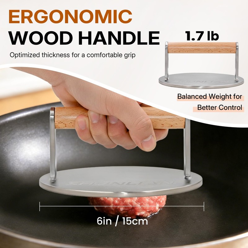 Heavy Duty Grill Press - 6 in Stainless Steel Burger Smasher for BBQ & Steak gallery