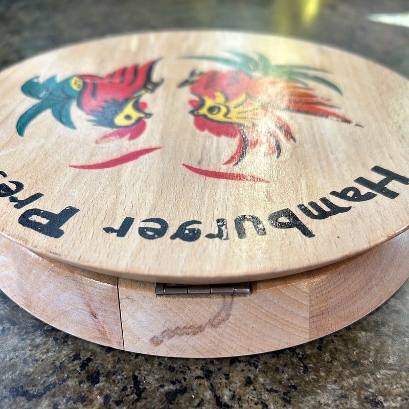 VTG Wooden Hamburger Press Fighting Roosters Chickens Kitchen Tool Decor Japan gallery