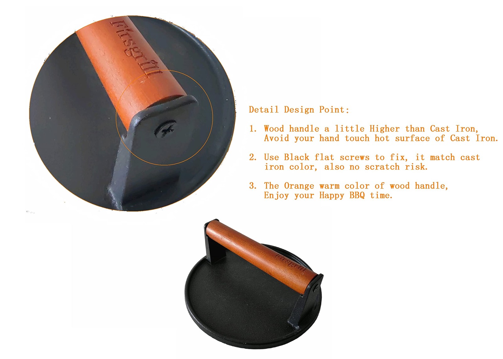 Burger Press 7.08" Round Heavy-Duty Food Grade Cast Iron with Wood Handle gallery