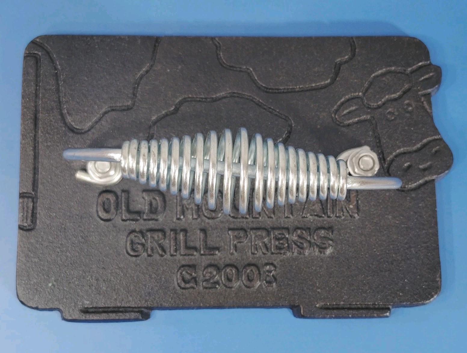 Old Mountain Cow Press 7" Rectangle Cast Iron Smash Grill W/ Coil Handle C2008 gallery