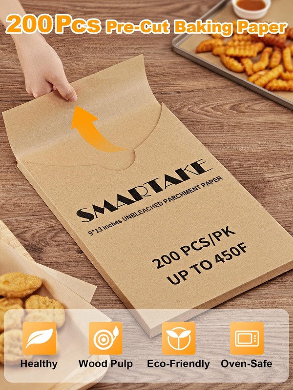 SMARTAKE 200 Pcs Parchment Paper Baking Sheets, 9x13 9" X 13", Unbleached gallery