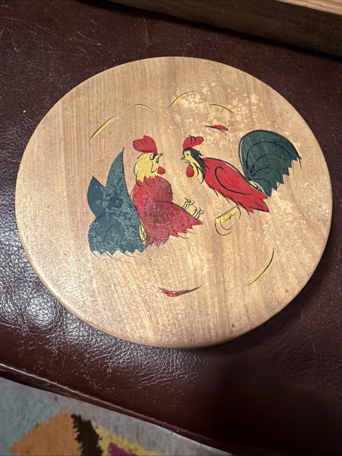 5 Inch Wood Hinged Hamburger or Tortilla Press Cock Fighting Roosters Vintage gallery