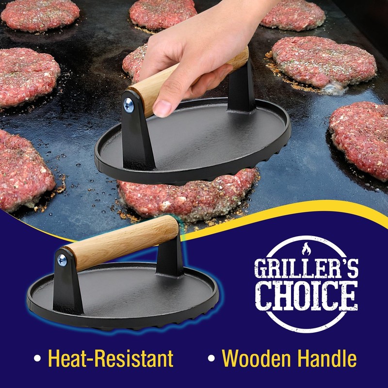 Bacon Press And Grill Press 2 Piece Set Cast Iron Meat Hamburger Smasher gallery