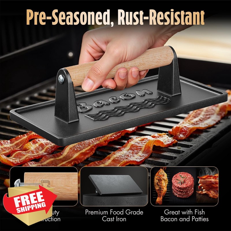 Pisol Bacon Press Smash Burger Press, Pre-Seasoned Cast Iron Hamburger, 2 lb ... gallery