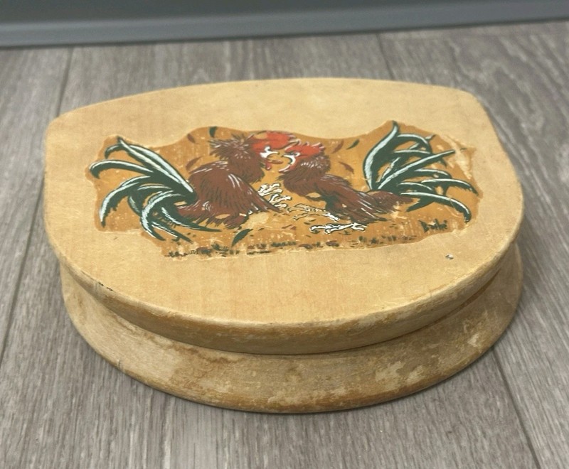 Vintage Wooden Hamburger Press Hand-Painted Folk Art Fighting Roosters Chicken gallery