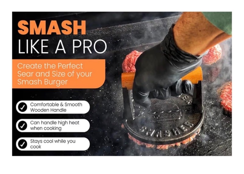 Pre-Seasoned Heavy Duty Cast Iron Smash Burger Press Kit - Heat Resistant Burg gallery