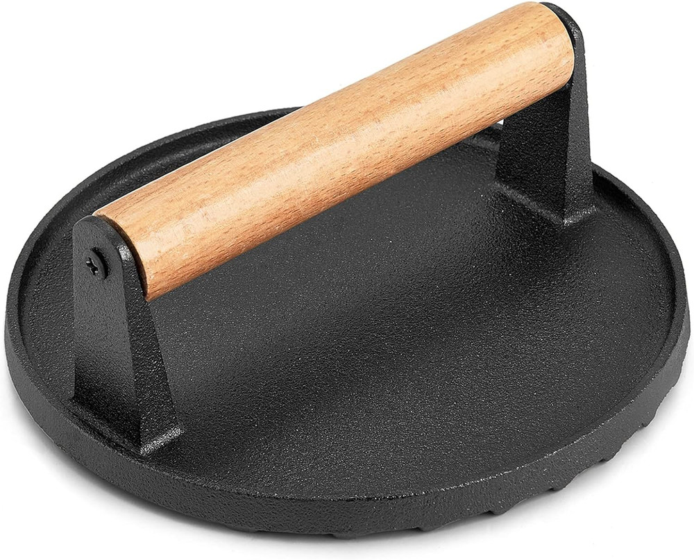 Single Cast Iron Grill Press, Heavy Duty 7In Bacon Burger Press with Wooden Hand