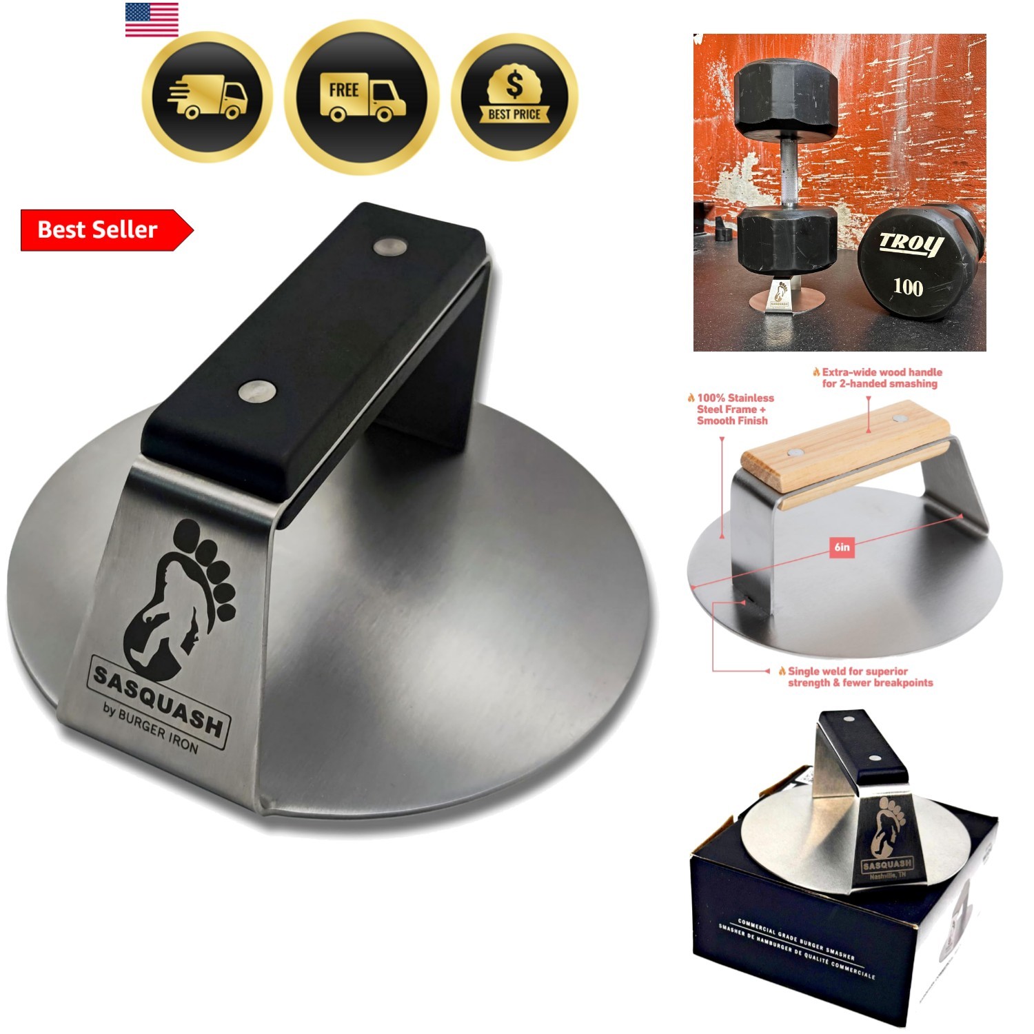 Sasquash Smash Burger Press, Heavy Duty Welded Meat Press Round, 6 Inch Stain... gallery