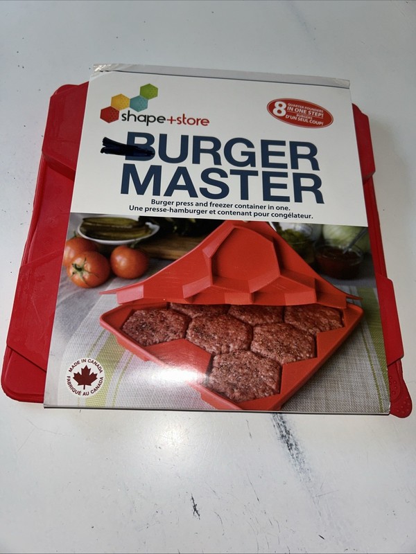 New Shape + Store Burger Master Hamburger Mold Storage Makes 8 1/4lb Burgers Red gallery