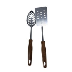 Vintage 80s Ekco Stainless Steel USA Slotted Spoon Spatula Plastic Wood Handle
