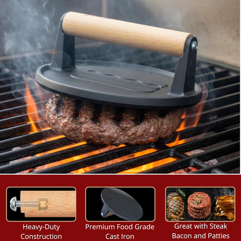 Gamalou® Smash Burger Press Kit: 7” Cast Iron Flat Press, 3-In-1 Hamburger Maker gallery