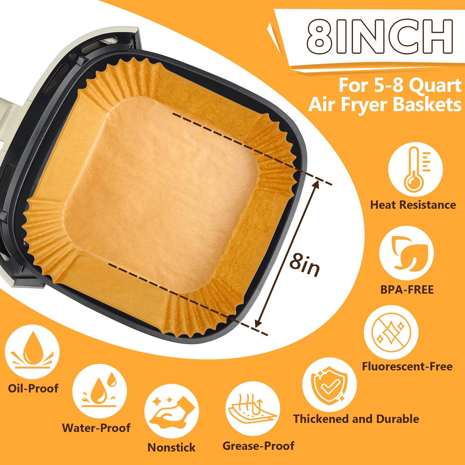 200pcs Air Fryer Liners Disposable, Liners, 8.7" Square 8, Yellow gallery