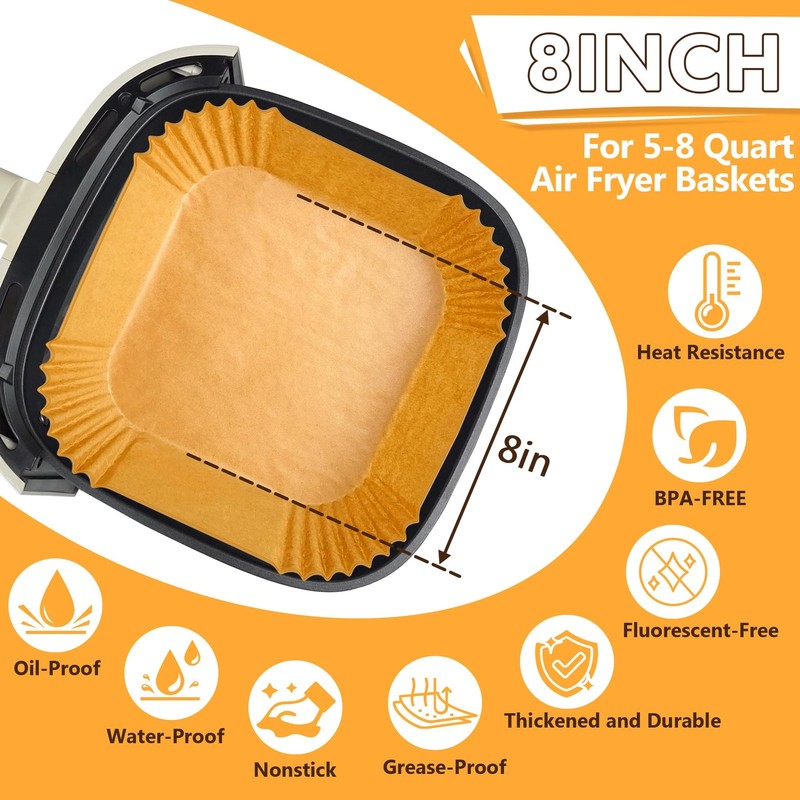 200pcs Air Fryer Liners Disposable, Liners, 8.7" Square 8, Yellow gallery
