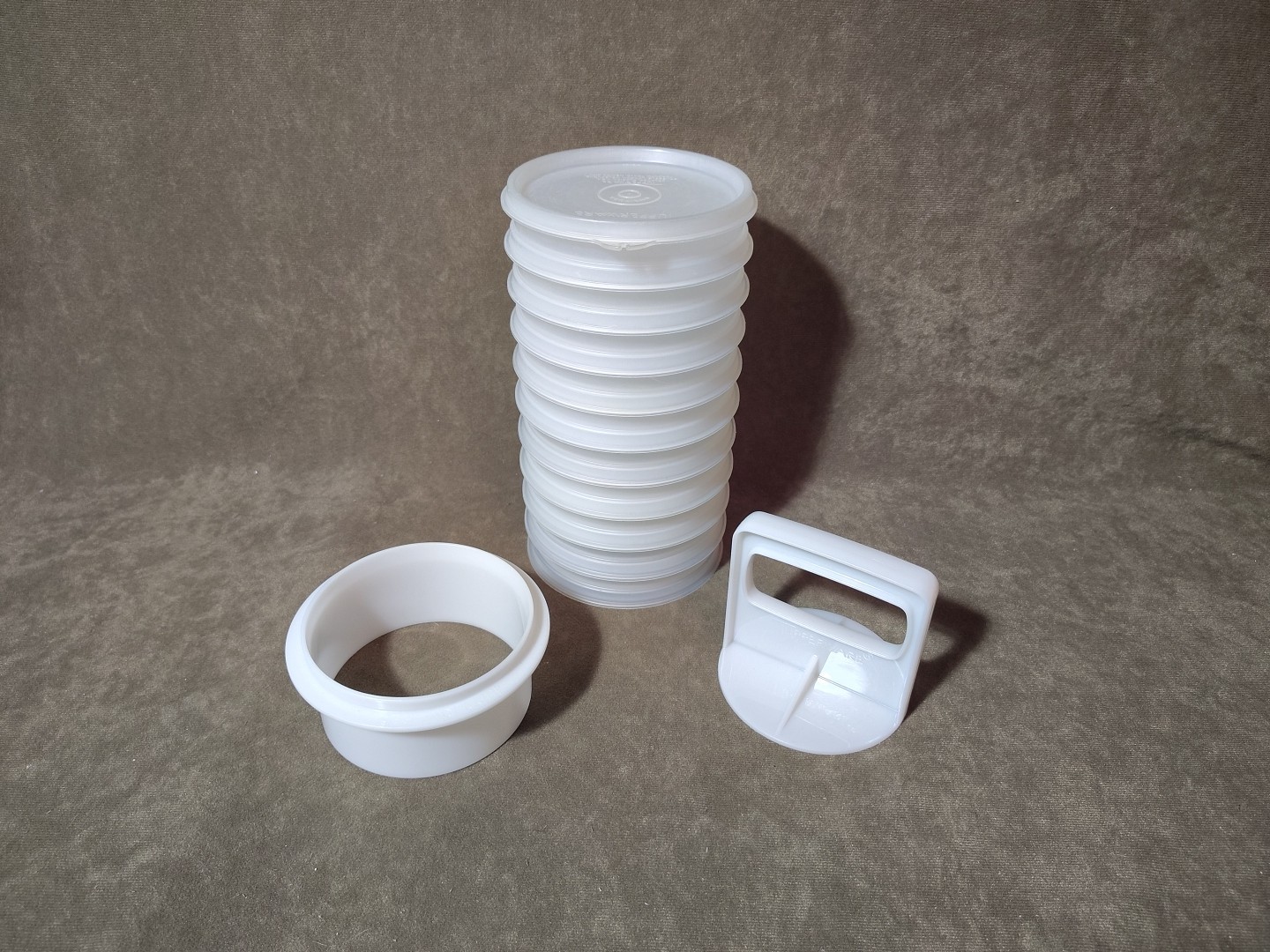 Vintage Tupperware 4" Hamburger Patty Press / Ring & 10 Freezer Keepers w/ Lid gallery