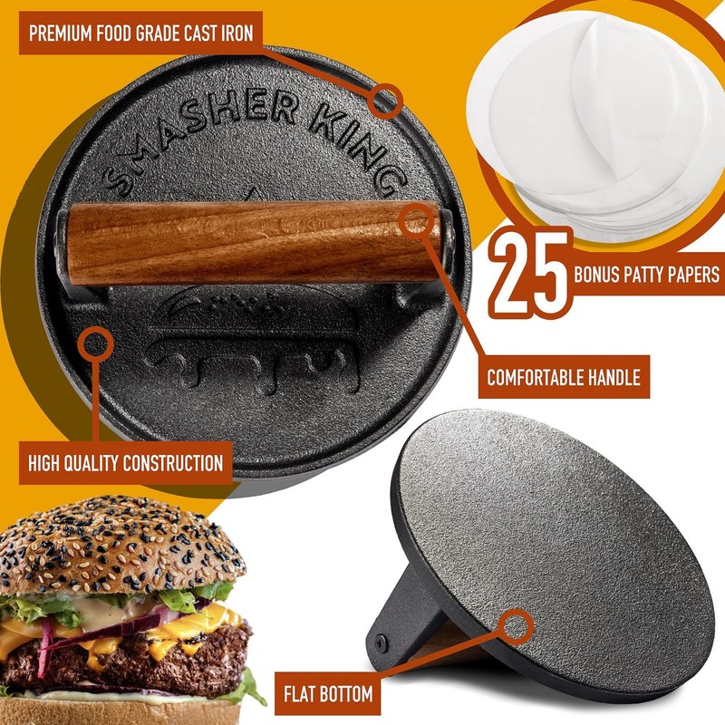 Cast Iron Smash Burger Press - Heavy Duty Hamburger Patty Maker Kit with 25 Pape gallery