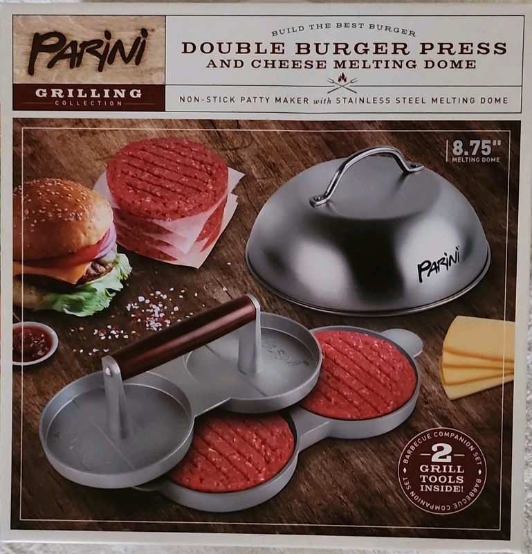 Parini Double Burger Press & Cheese Melting Dome Non-Stick 8.75" Stainless Steel gallery