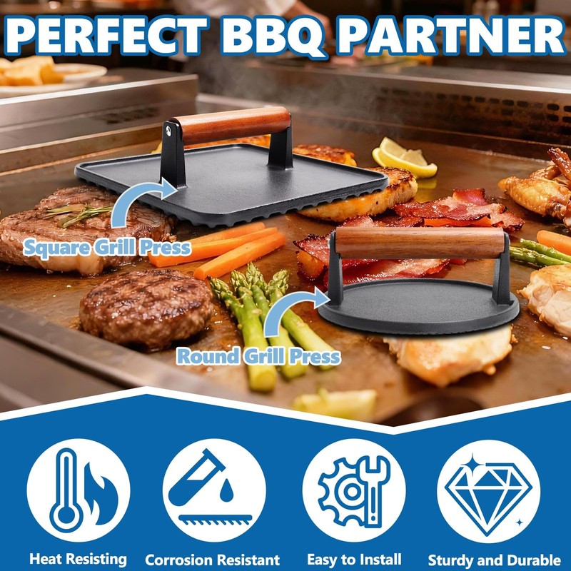 Bacon Press 10" Square & 7" Round Heavy Duty Cast Iron - Perfect for Smashed gallery