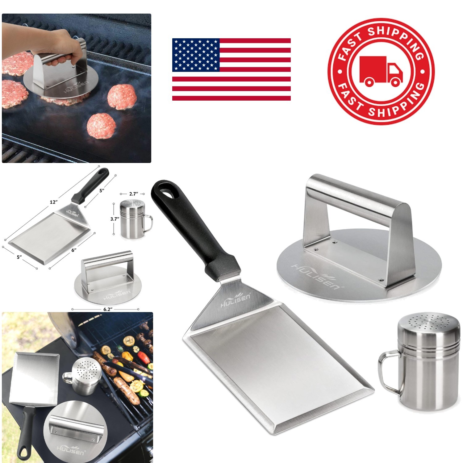 3 Piece Burger Accessory Kit with Round Press Grill Spatula and Dredge Shaker gallery