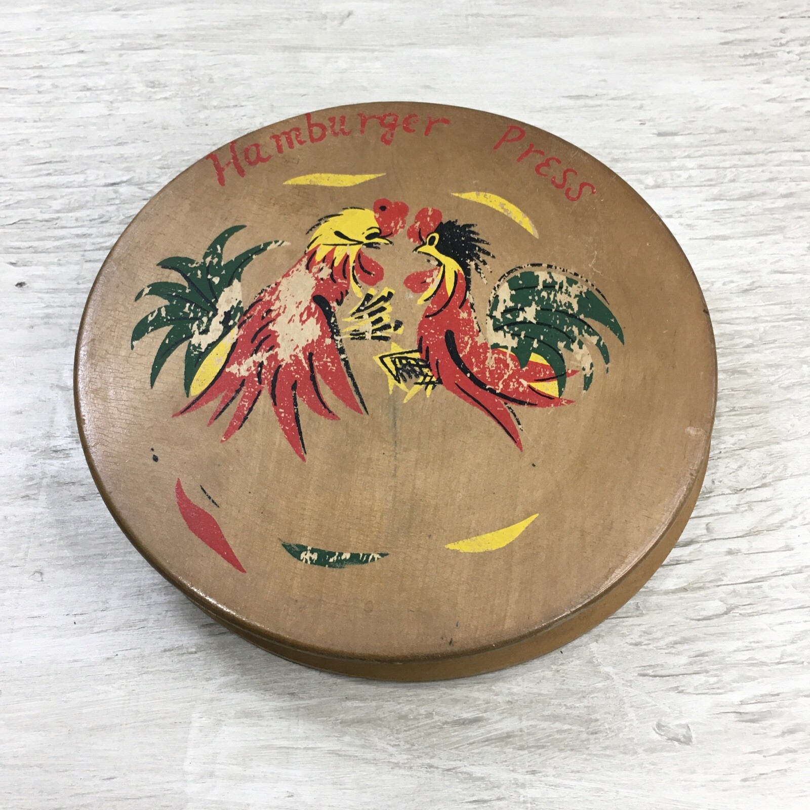 Vintage Hamburger Burger Press Rooster Hinged Wood Lid Mid Century 4.75" Burger gallery