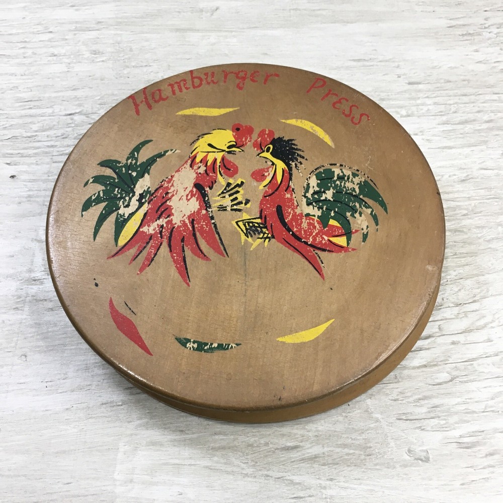 Vintage Hamburger Burger Press Rooster Hinged Wood Lid Mid Century 4.75" Burger