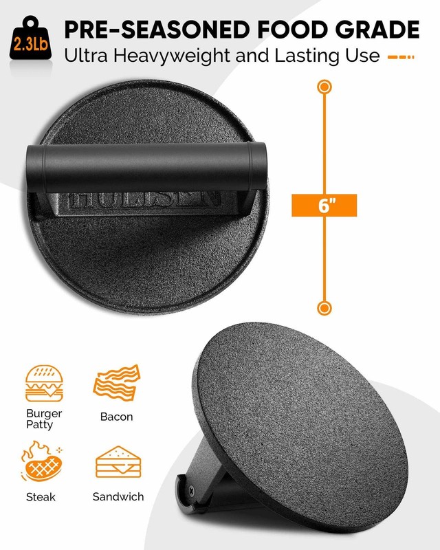 Pre-Seasoned Cast Iron Burger Press, Heavy Duty 6” Burger Smasher for Griddle... gallery