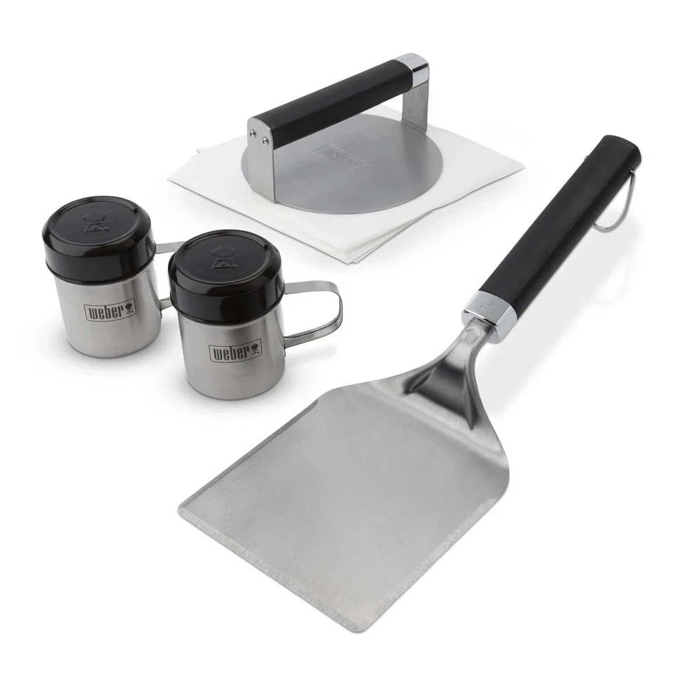 WEBER STAINLESS GRILLING SET SMASHBURGER BURGER PRESS WIDE SPATULA SPICE SHAKERS gallery