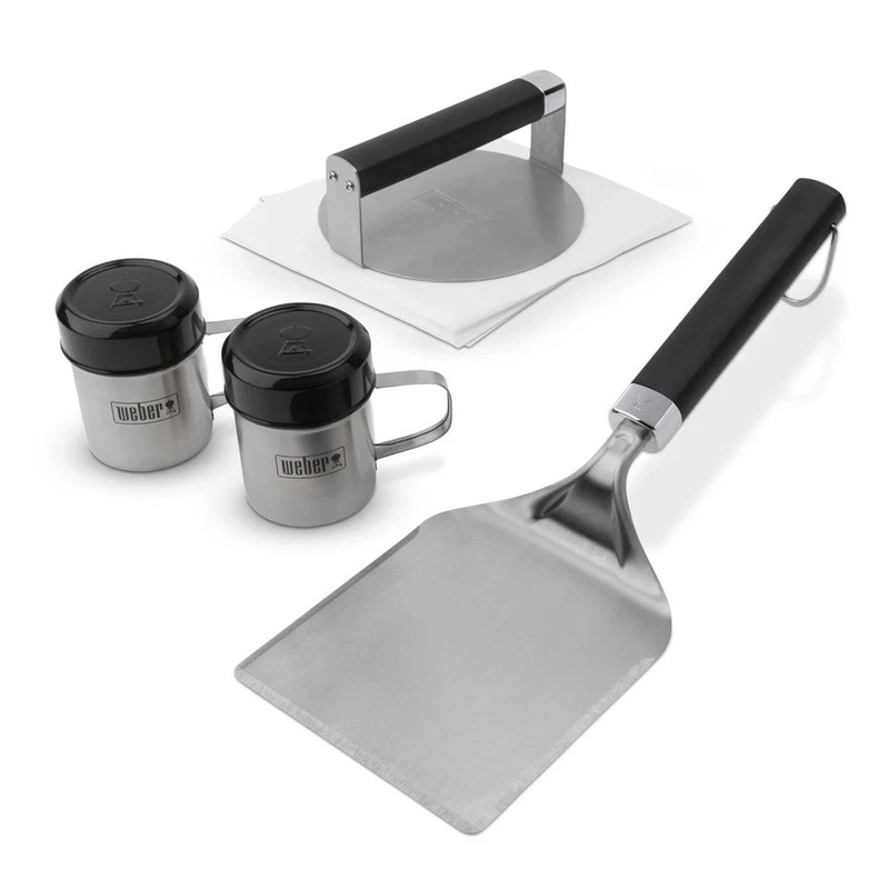 WEBER STAINLESS GRILLING SET SMASHBURGER BURGER PRESS WIDE SPATULA SPICE SHAKERS gallery