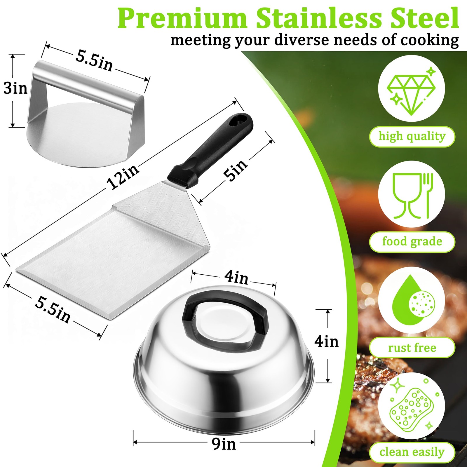 Smash Burger Kit 5Pcs, 9" Basting Cover, Metal Spatula and Bacon Press for Gr... gallery