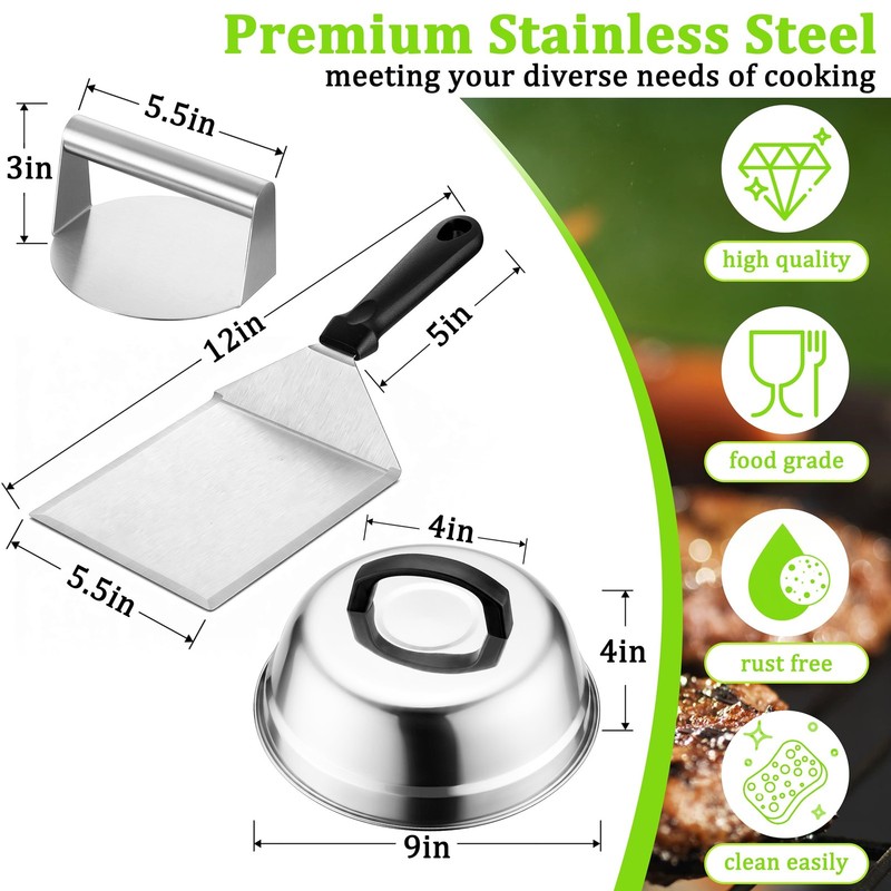 Smash Burger Kit 5Pcs, 9" Basting Cover, Metal Spatula and Bacon Press for Gr... gallery