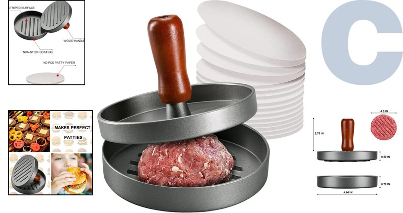 Stainless Steel Burger Patty Press Mold with 100 Non-Stick Patty Papers gallery