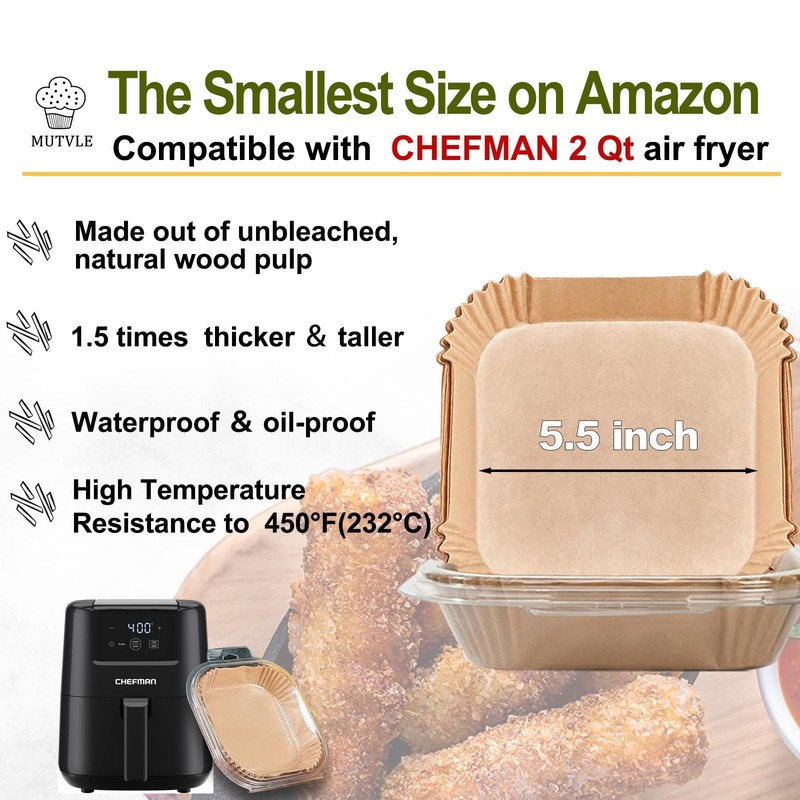 2 QT Air Fryer Liners for CHEFMAN 2 Qt Mini 5.5 Inch Square, Natural gallery