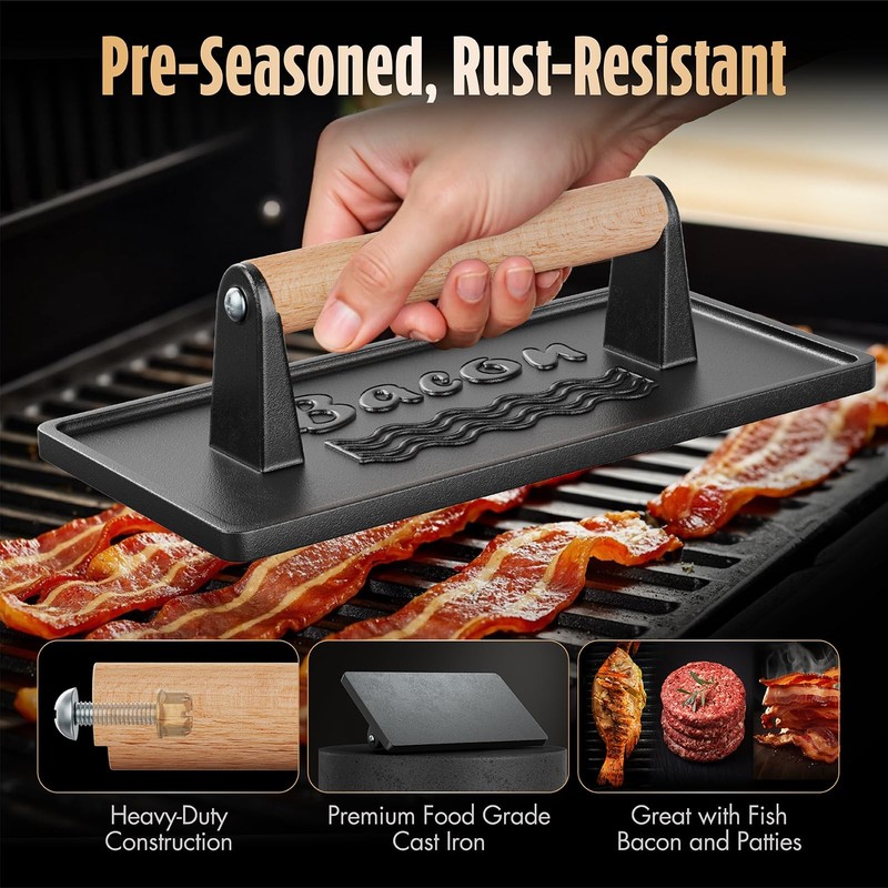 Bacon Press Smash Burger Press, PreSeasoned Cast Iron Hamburger, 2 lb Hea gallery