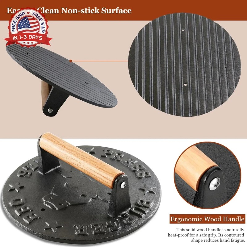 Cast Iron Burger Press 4.1lb Heavy-Duty Round 8.7 Inch with Beechwood Handle for gallery