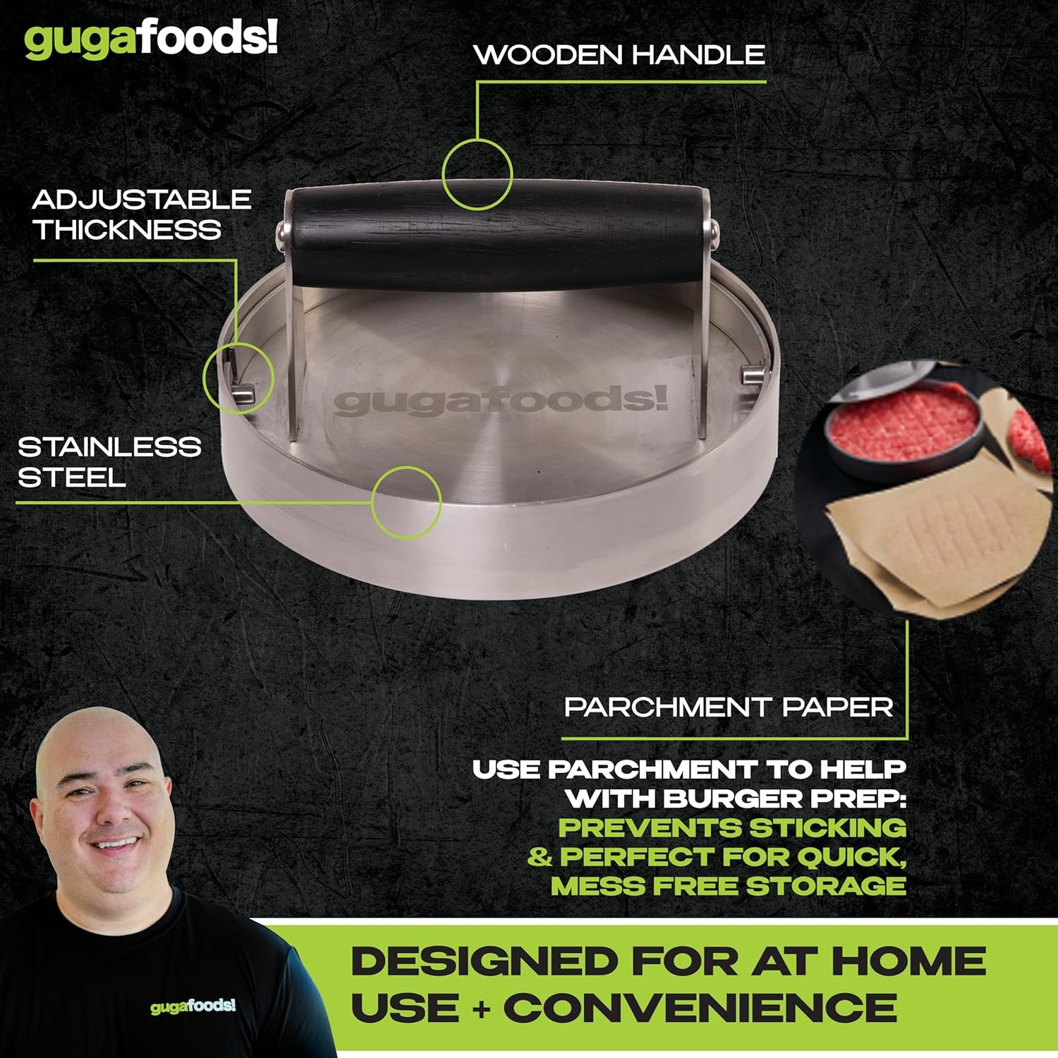 Guga Foods- Adjustable Burger Press, Stainless Steel Hamburger and Smashed... gallery