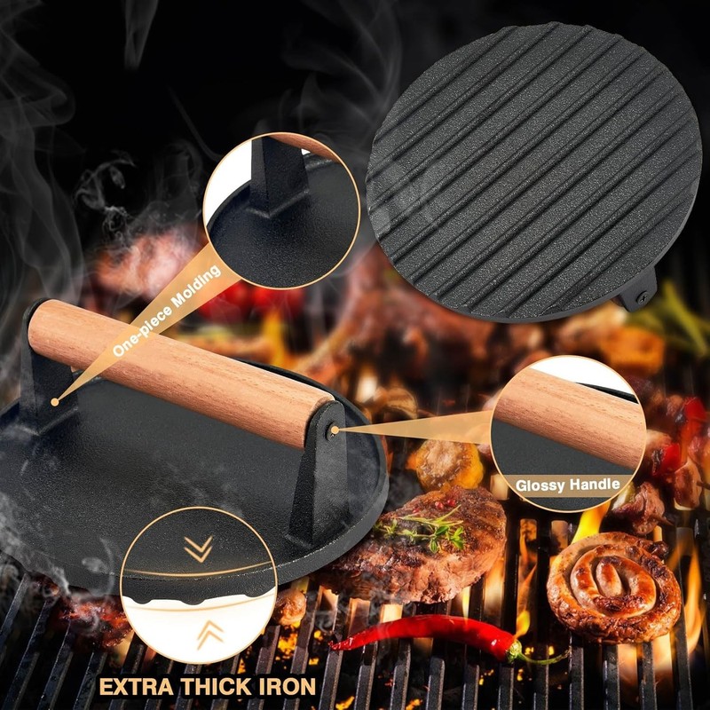 7 Inch Griddle Press Cast Iron Round Smash Grill Press Burger Smasher Bacon Meat gallery